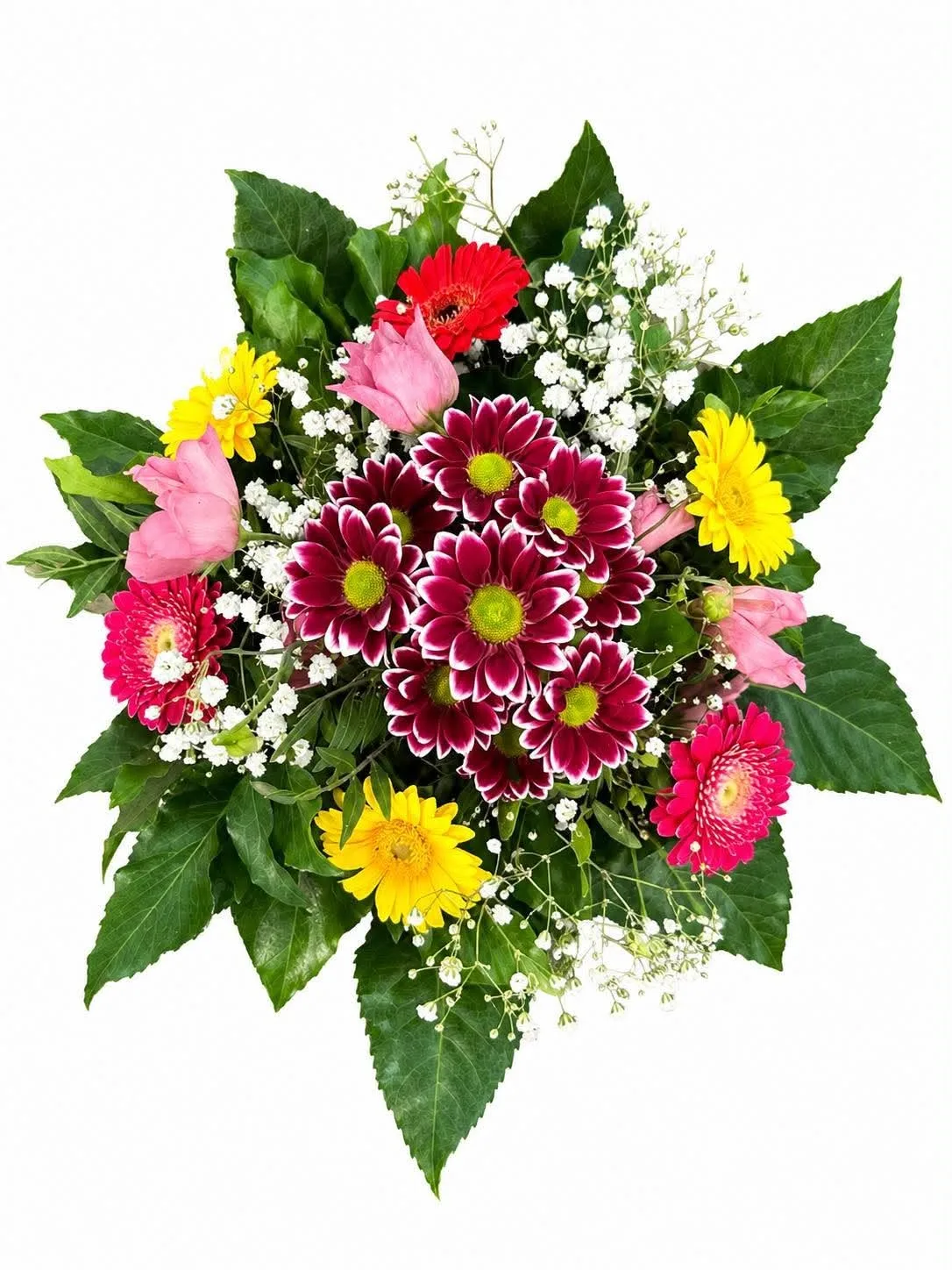 bunter Strauß mit rot-weiß Chrysanthemen